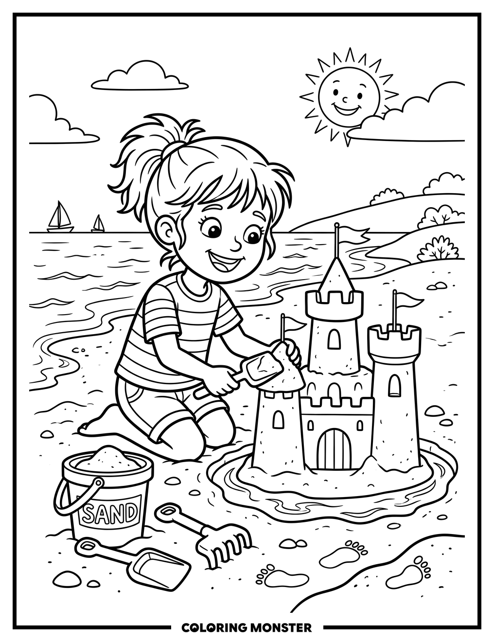 Child Building Sandcastle On Sunny Beach Coloring Page