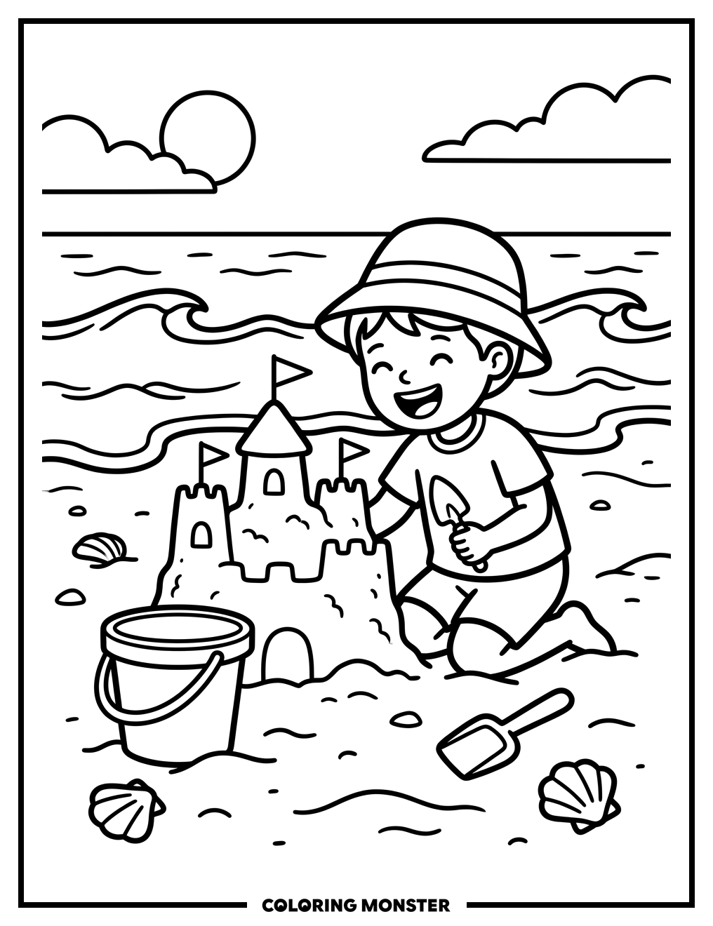 Child Building Sandcastle on Sunny Beach Coloring Page