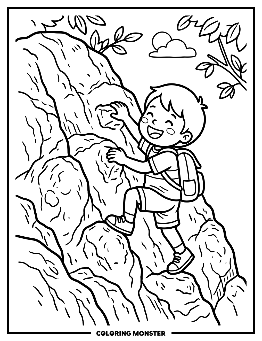Child Climbing a Boulder Coloring Page