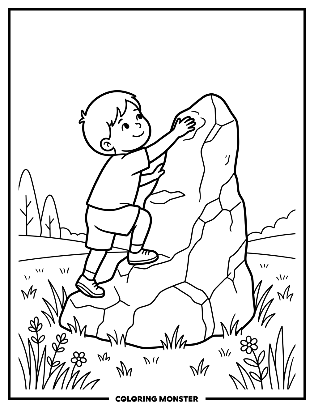 Child Climbing a Boulder Coloring Page