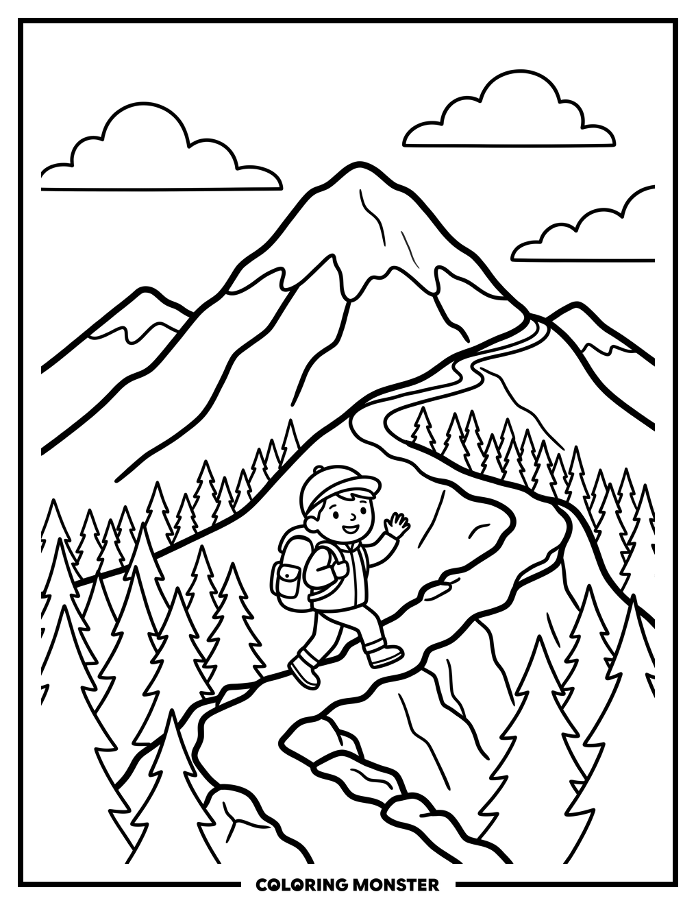 Child Climbing Snow-Capped Mountain Coloring Page