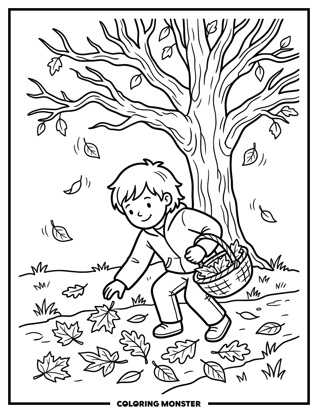 Child Collecting Autumn Leaves Coloring Page