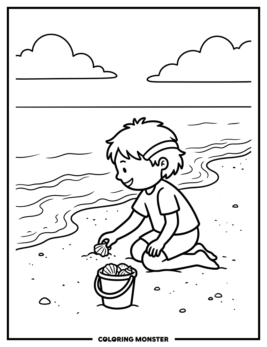 Child Collecting Seashells at the Beach Coloring Page