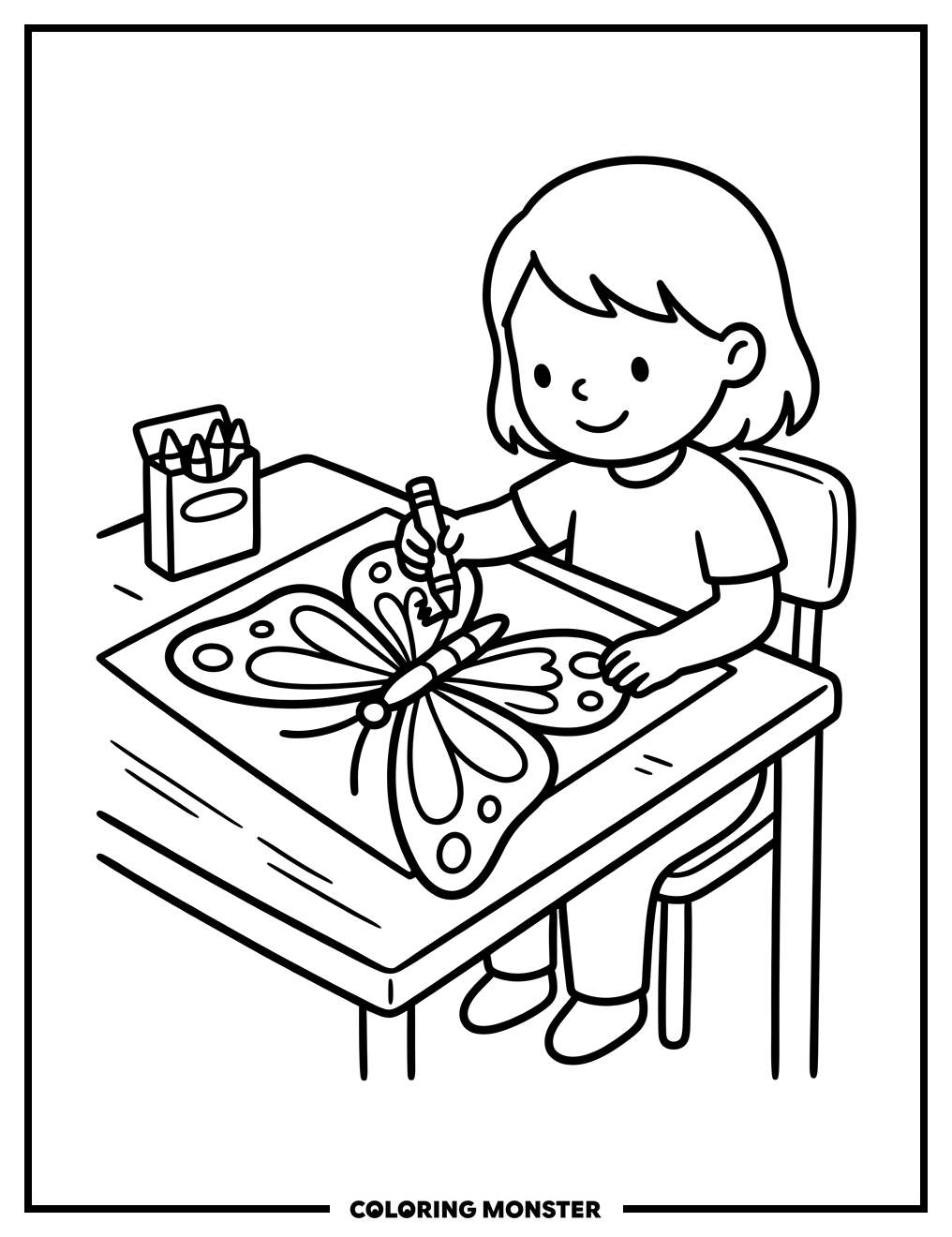 Child Coloring a Butterfly Coloring Page