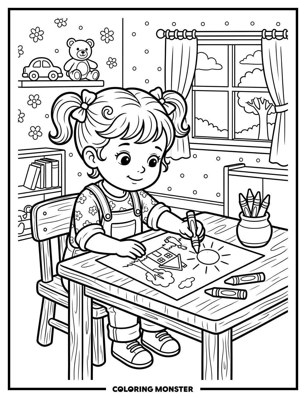 Child Coloring at a Bright Table Coloring Page