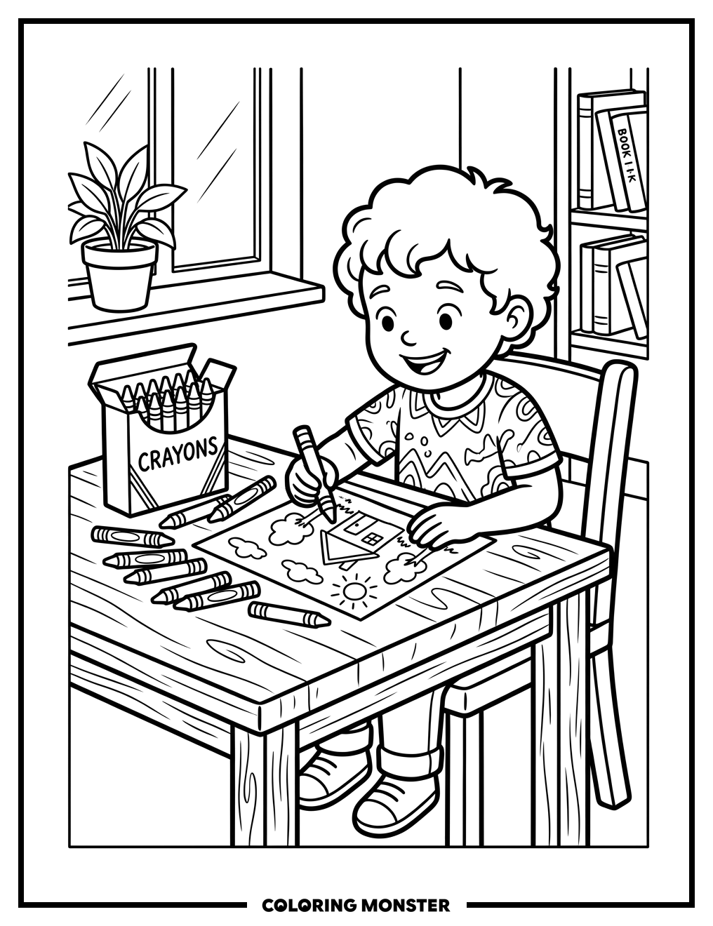 Child Coloring at a Table Coloring Page