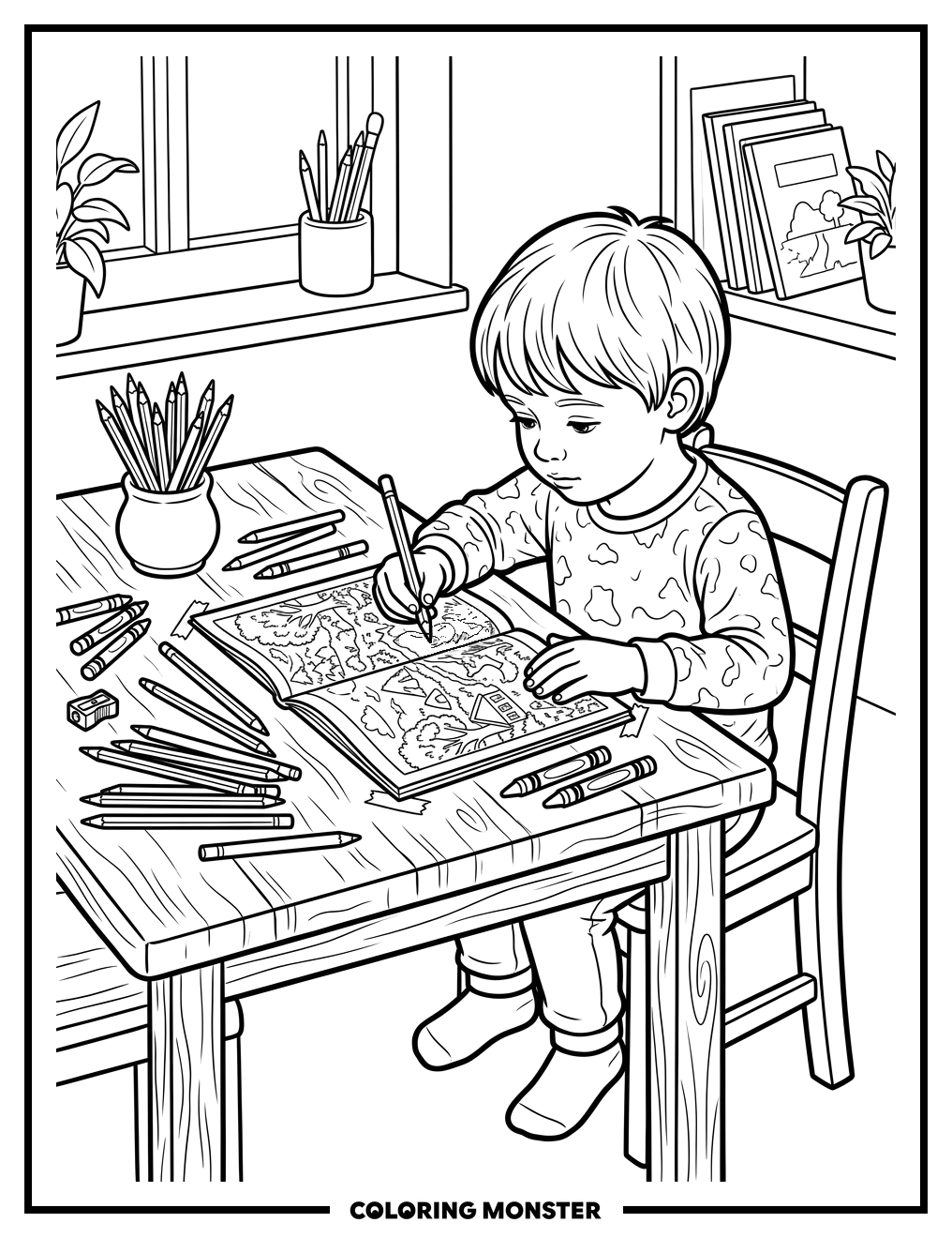Child Coloring at Art Table Coloring Page