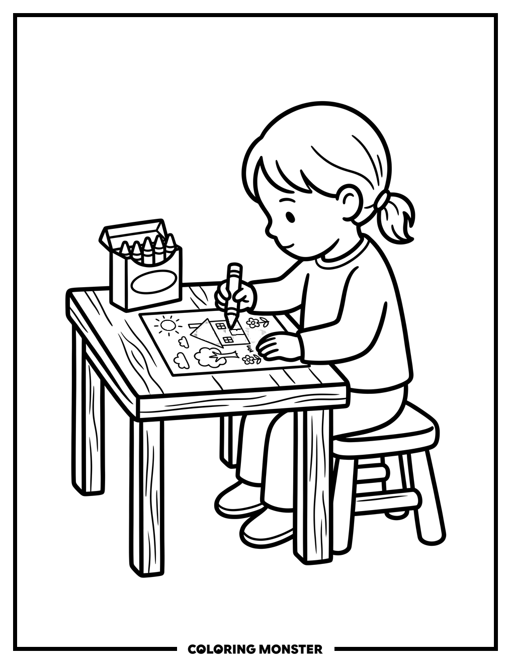 Child Coloring at Desk Coloring Page
