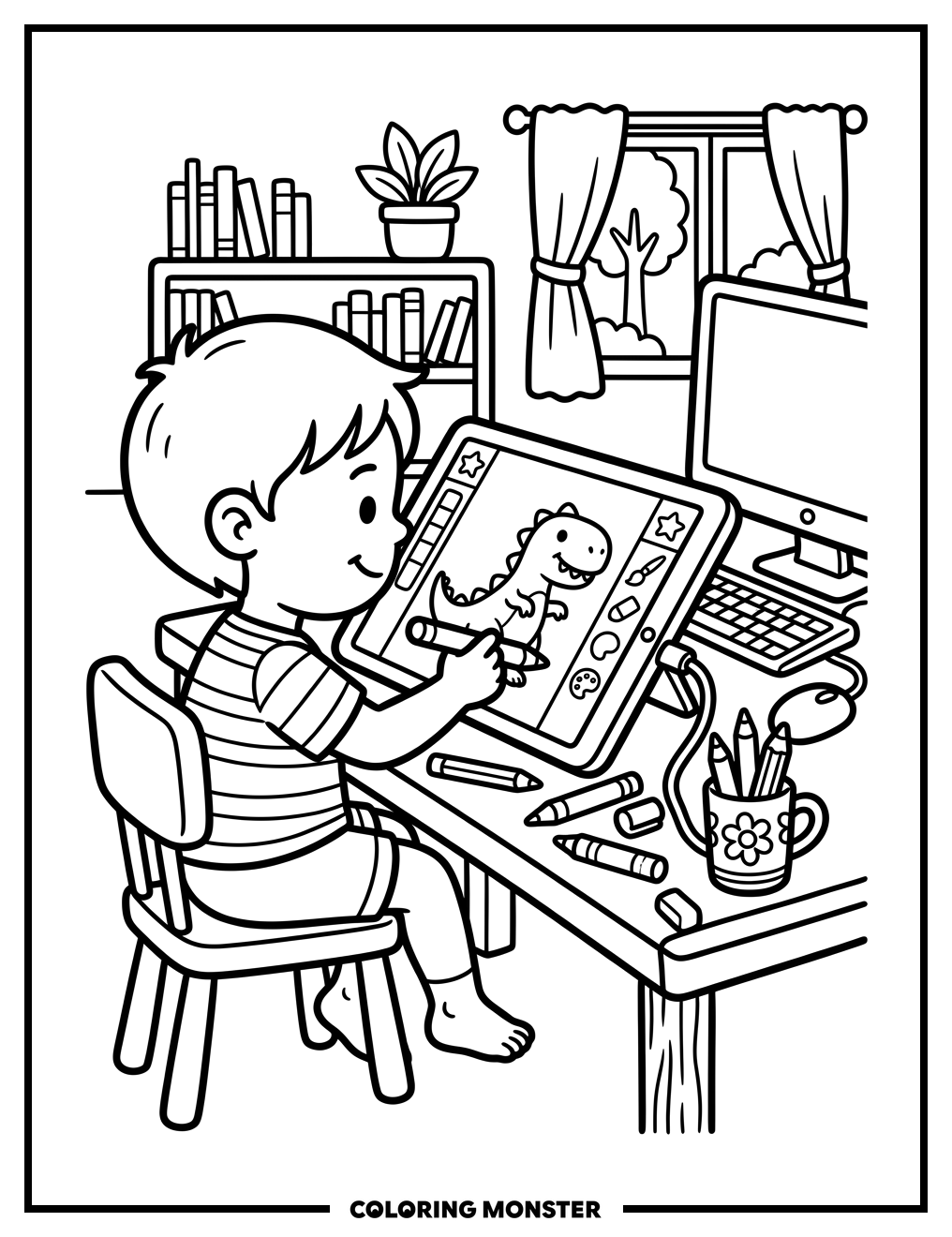 Child Coloring on Tablet Coloring Page