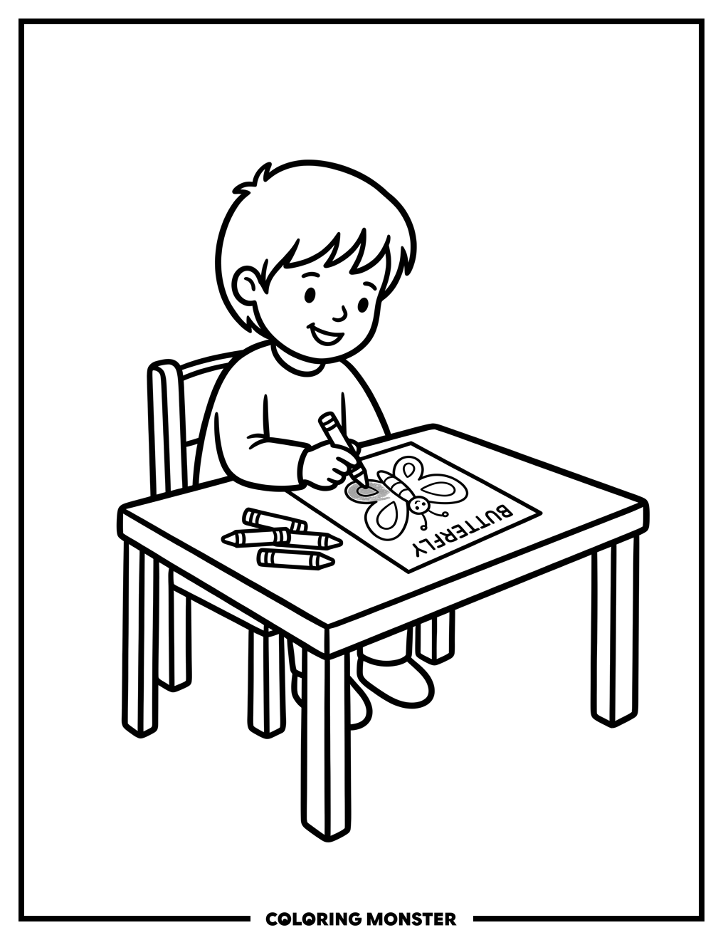 Child Colors Butterfly Picture Coloring Page