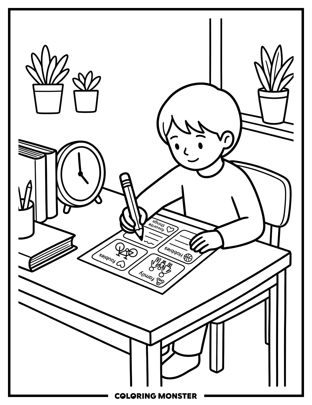 Child Completing 'About Me' Questionnaire Coloring Page