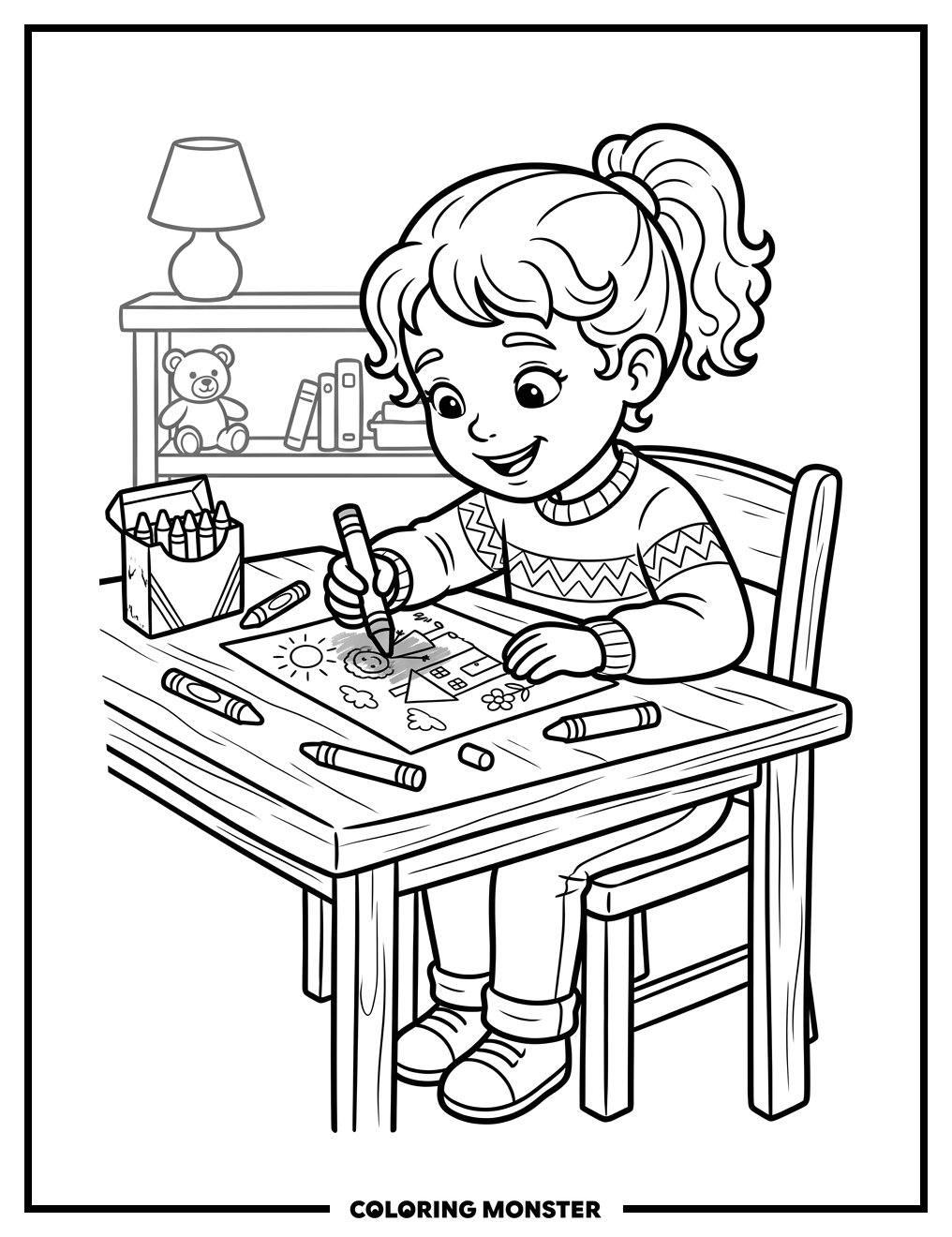 Child Concentrating While Coloring Coloring Page