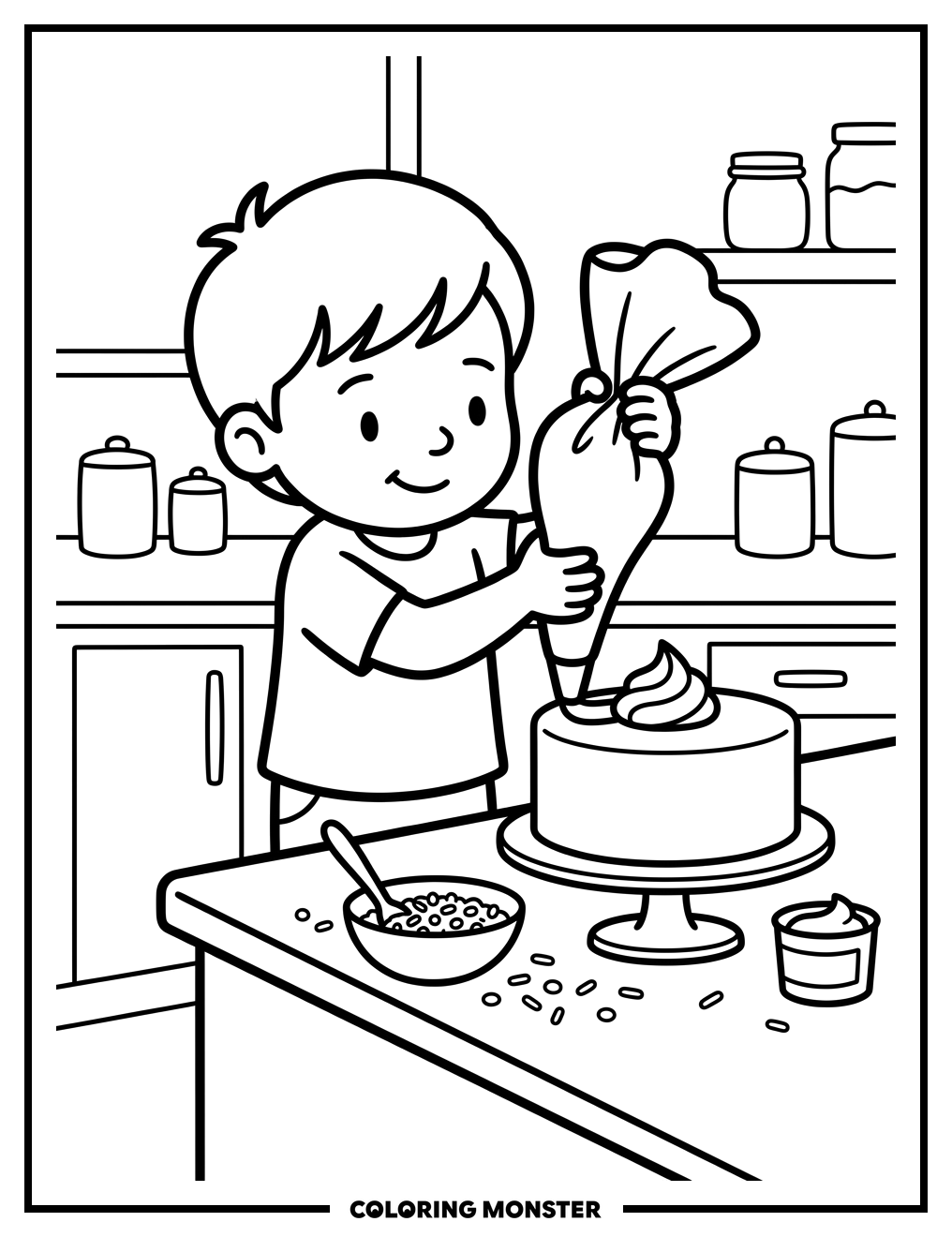 Child Decorating a Cake Coloring Page