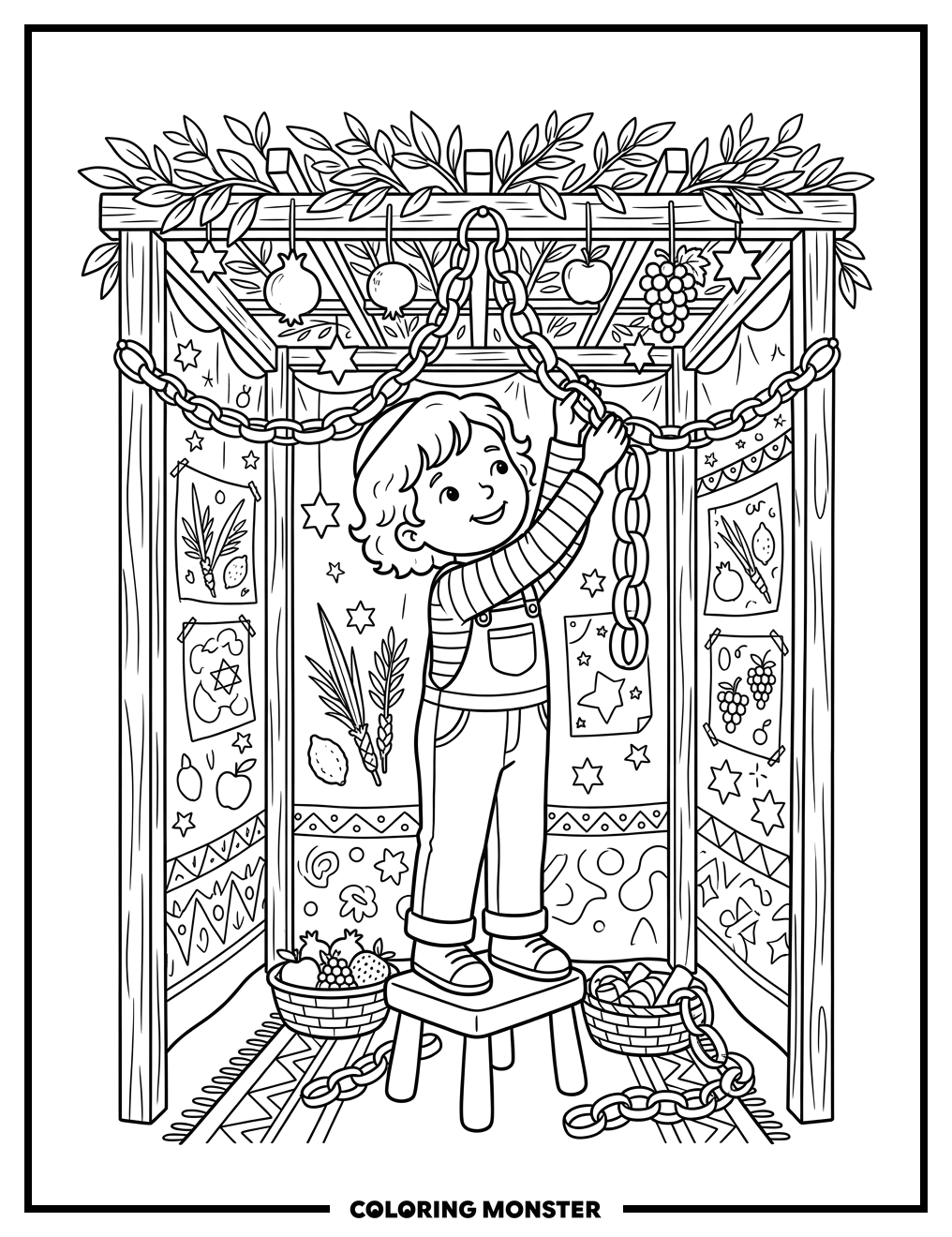 Child Decorating a Festive Sukkah Coloring Page