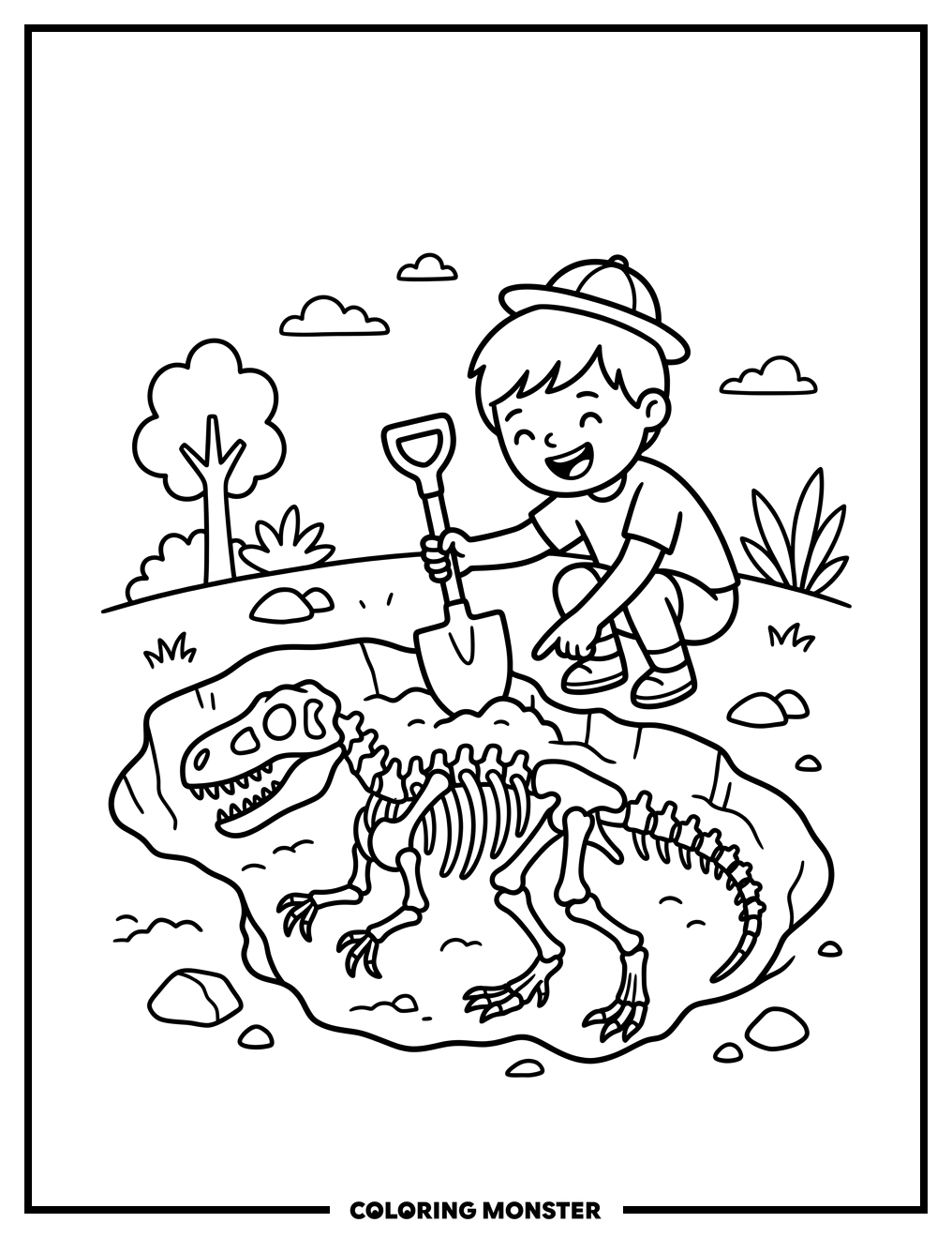 Child Discovers Dinosaur Fossil Coloring Page