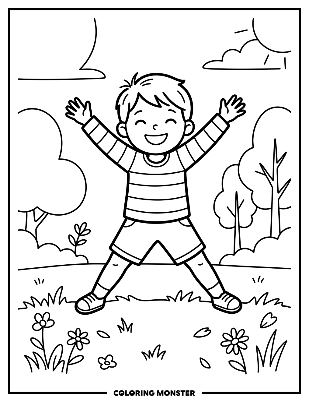 Child Doing Jumping Jacks in Park Coloring Page