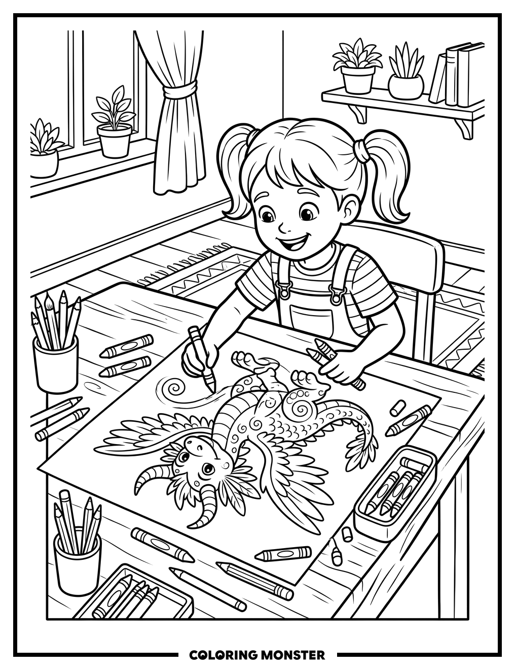 Child Drawing a Fantastical Creature Coloring Page
