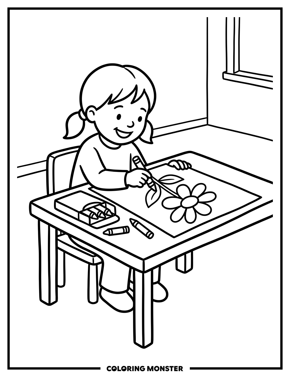 Child Drawing a Flower Coloring Page