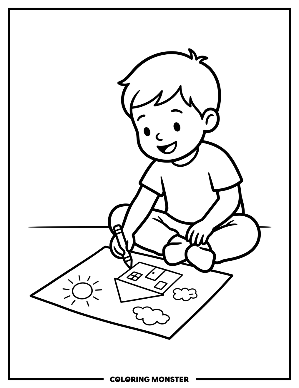 Child Drawing a House Coloring Page