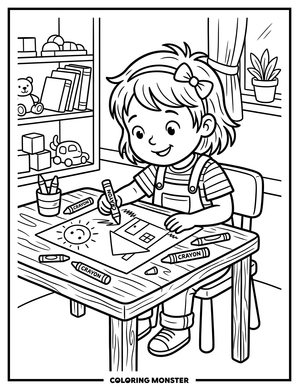 Child Drawing a House and Sun Coloring Page