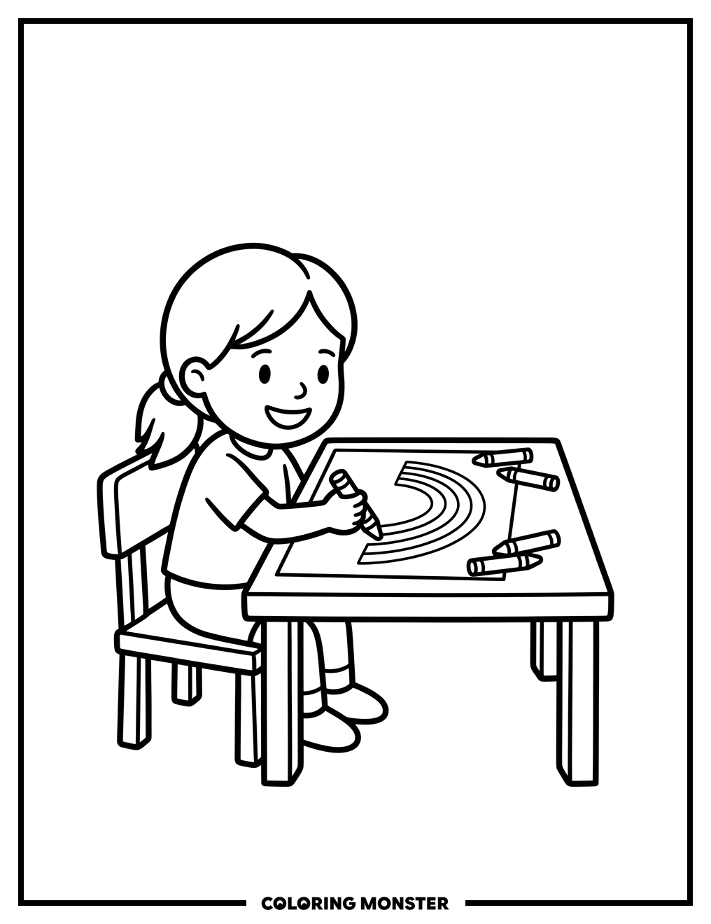 Child Drawing a Rainbow Coloring Page