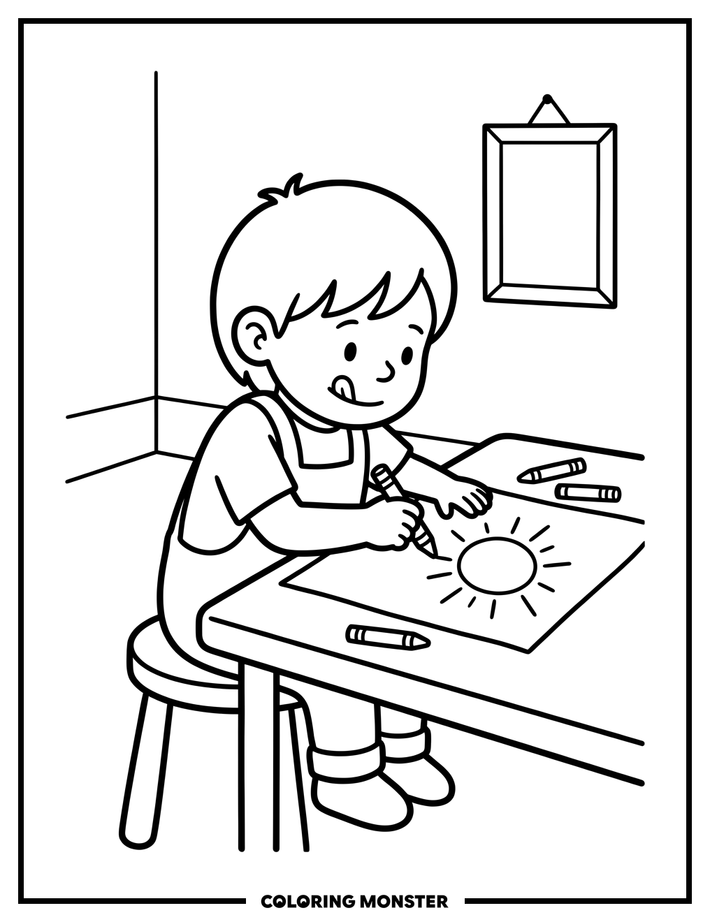 Child Drawing A Smiling Sun Coloring Page