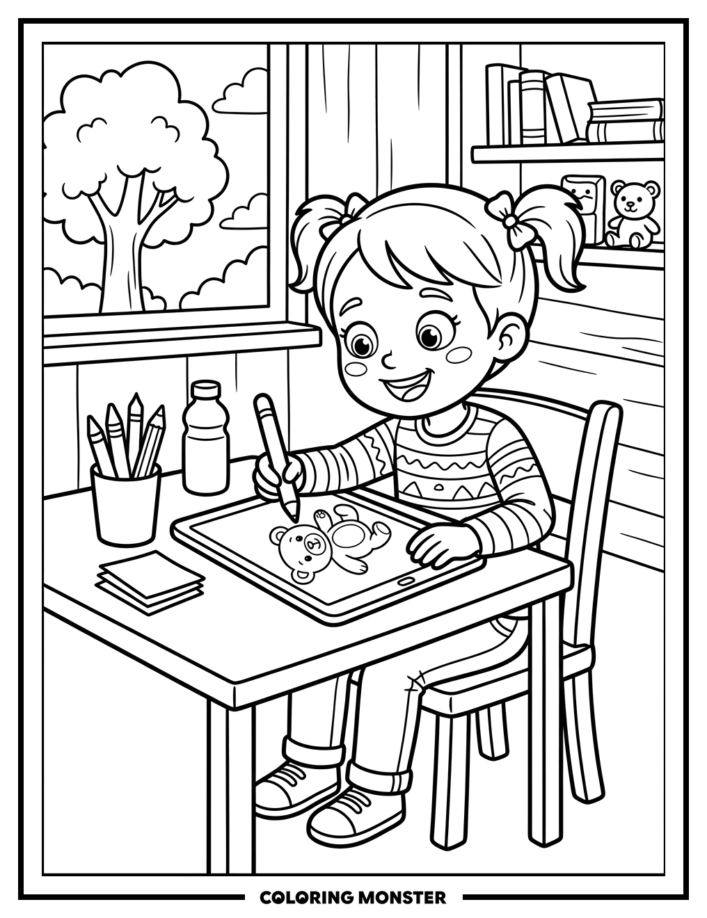 Child Drawing Animal on Tablet Coloring Page