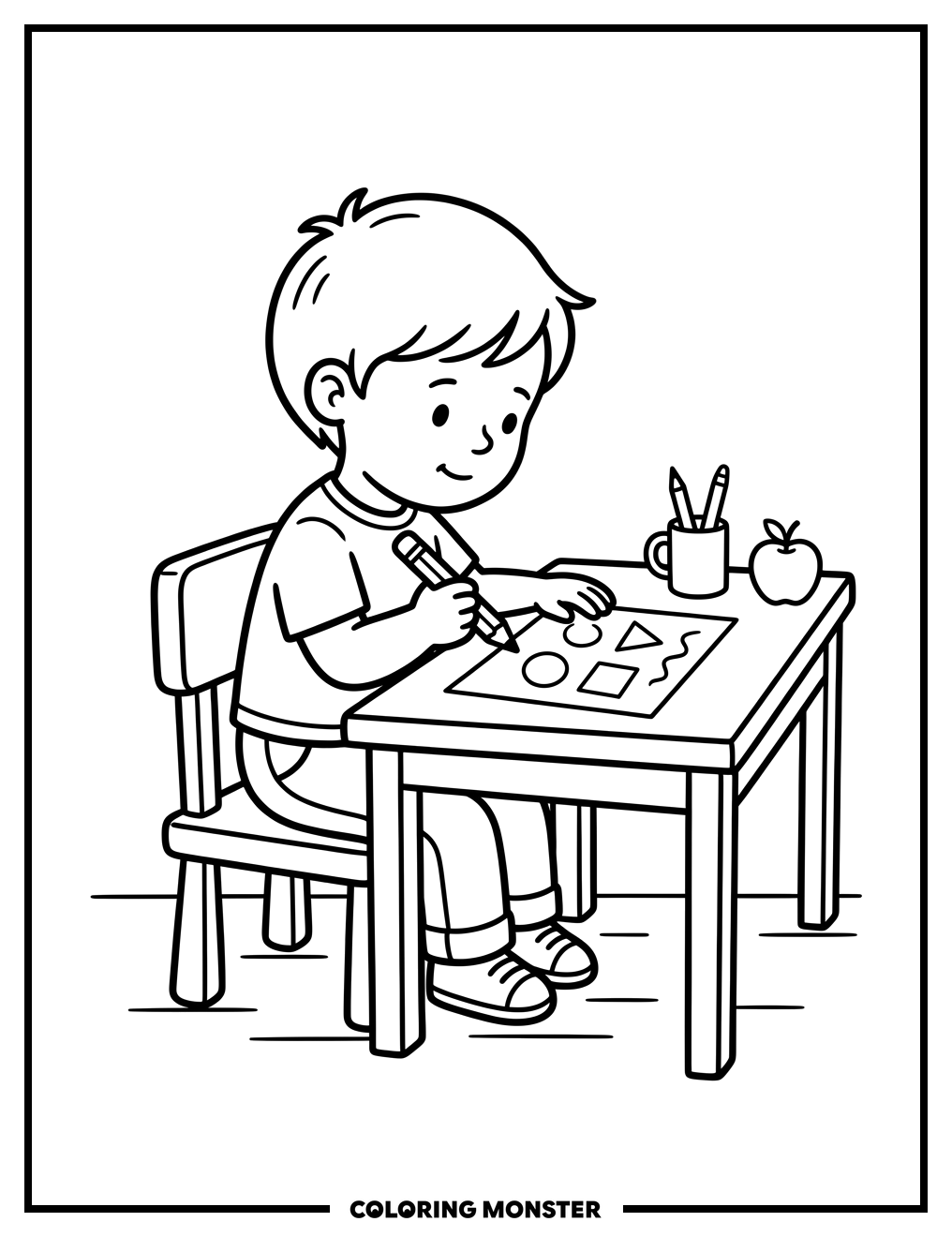 Child Drawing at Desk Coloring Page