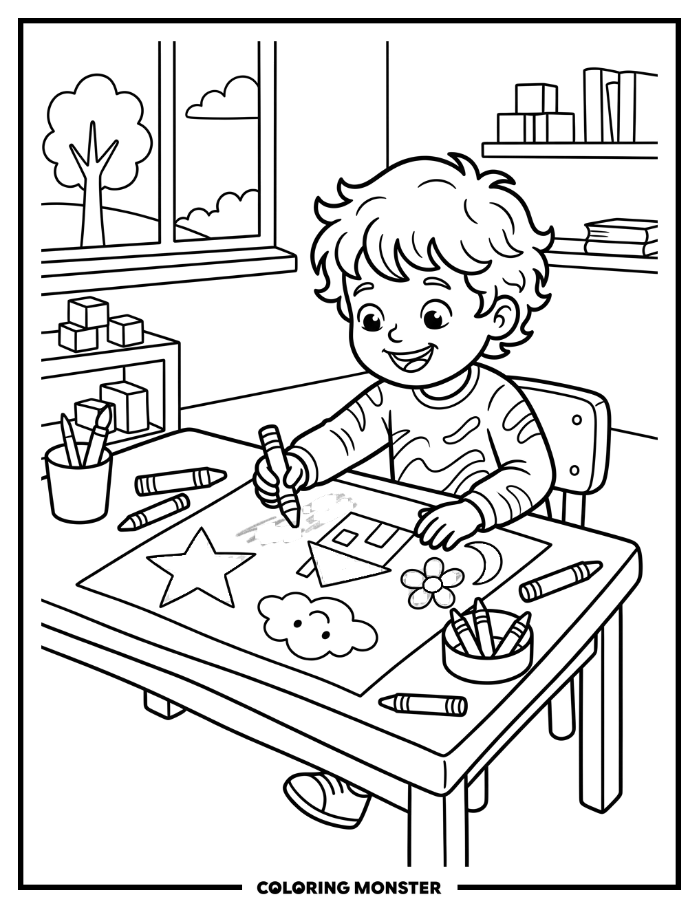 Child Drawing Colorful Shapes Coloring Page