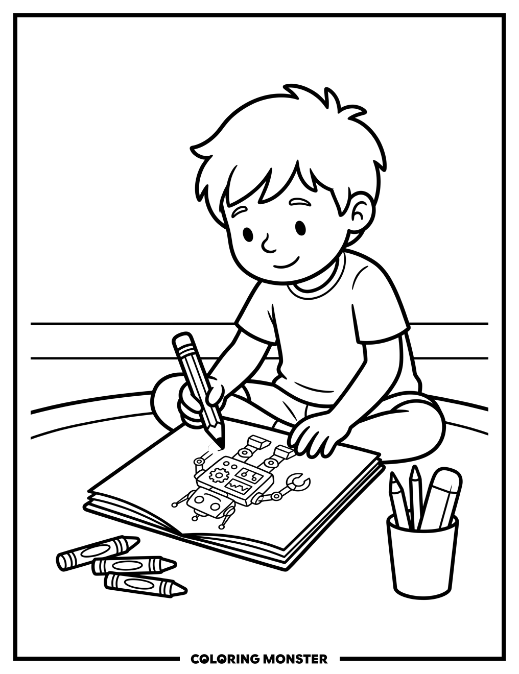 Child Drawing Futuristic Robot Coloring Page