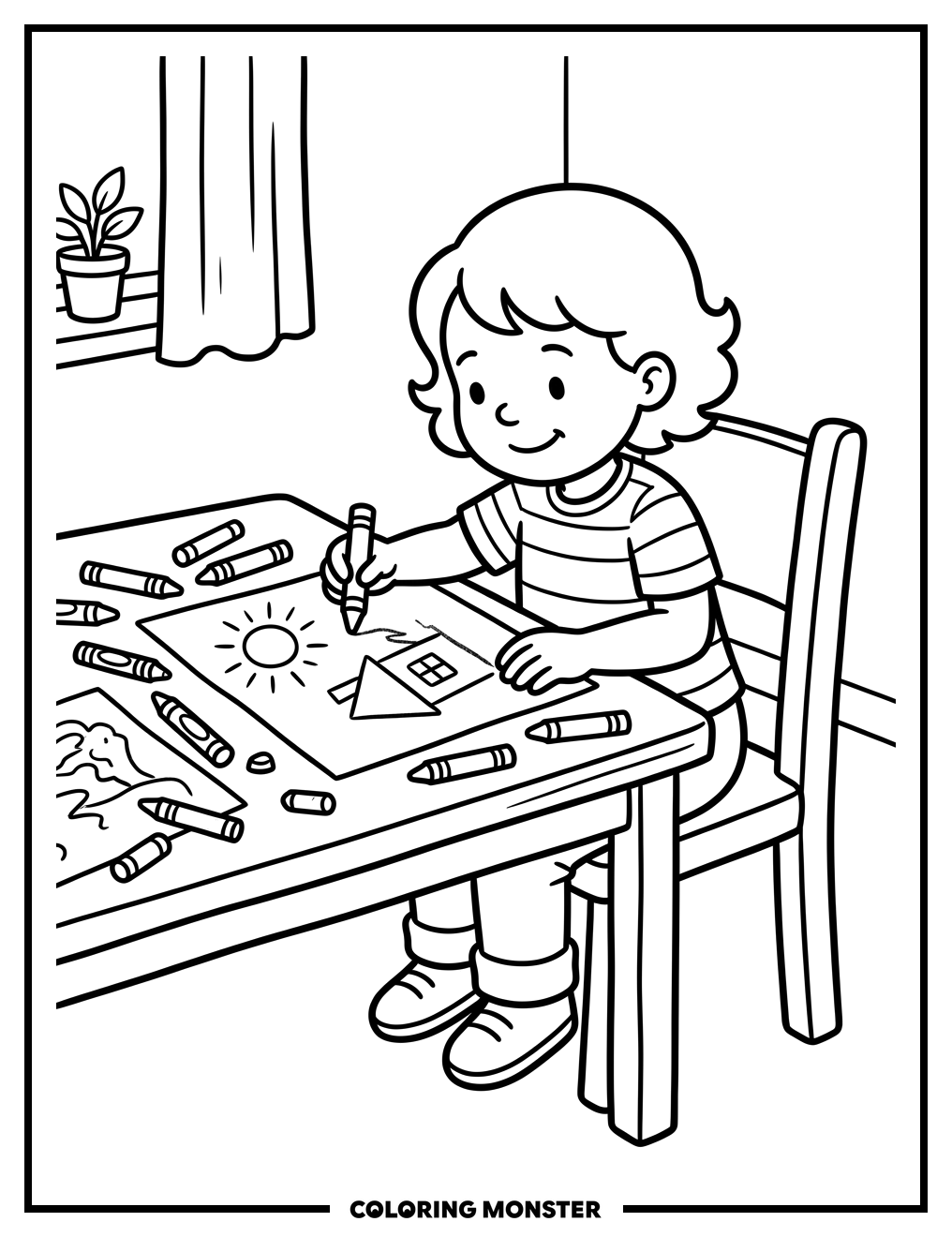 Child Drawing Shapes at Table Coloring Page