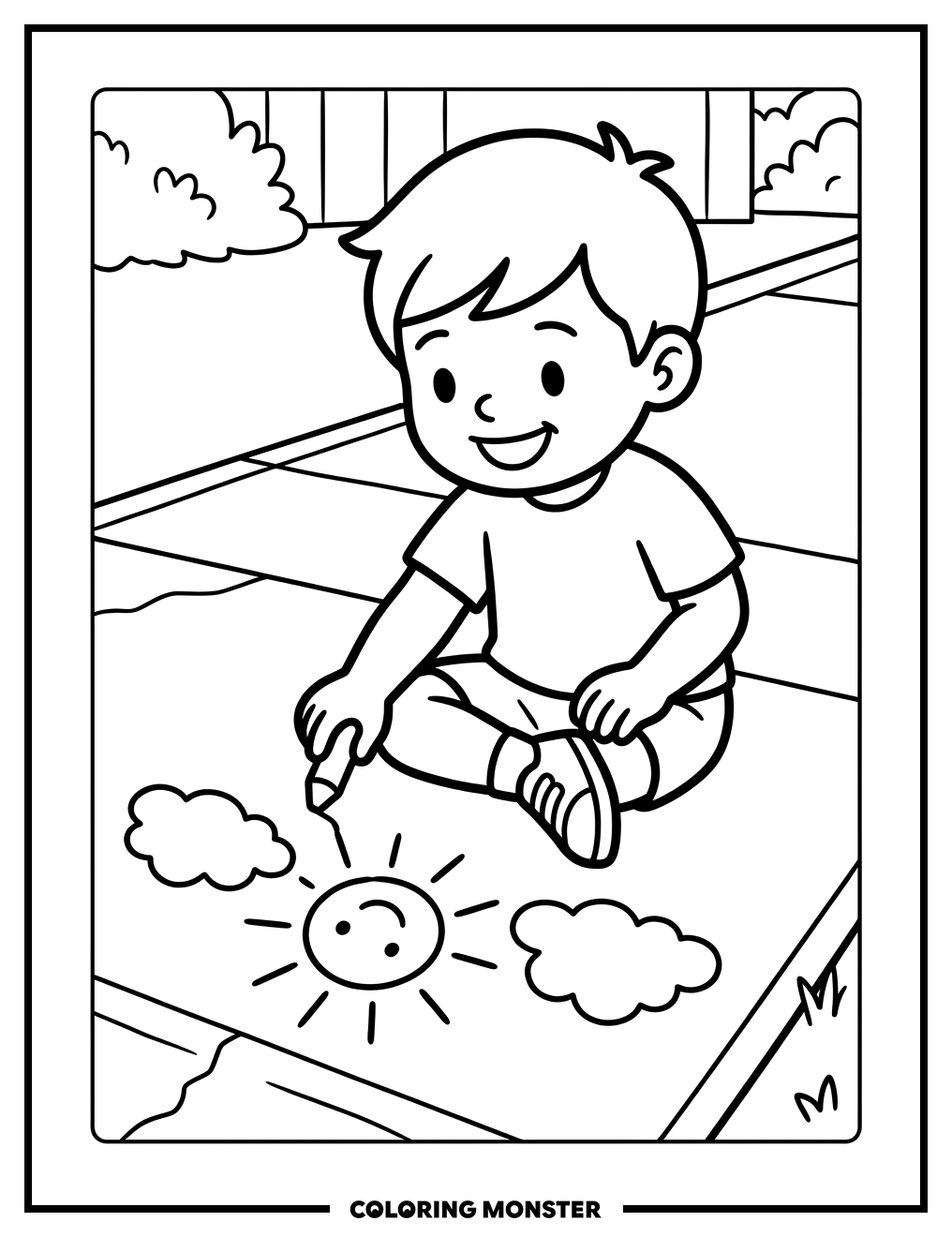 Child Drawing With Chalk On Sidewalk Coloring Page