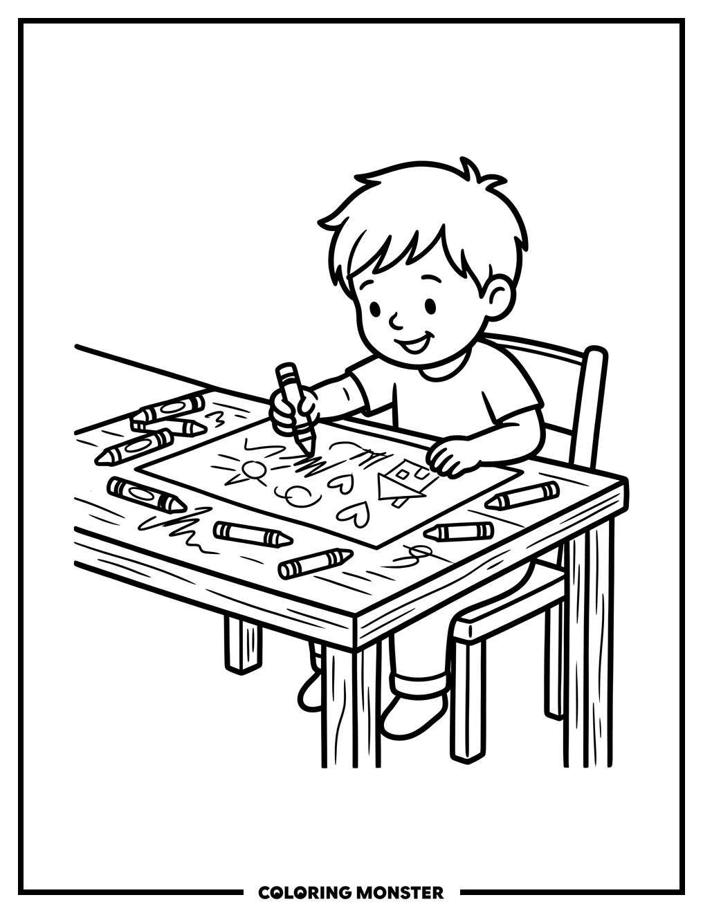 Child Drawing with Crayons Coloring Page