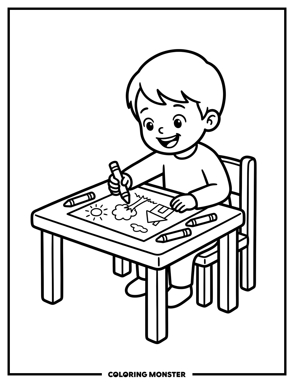 Child Drawing with Crayons Coloring Page