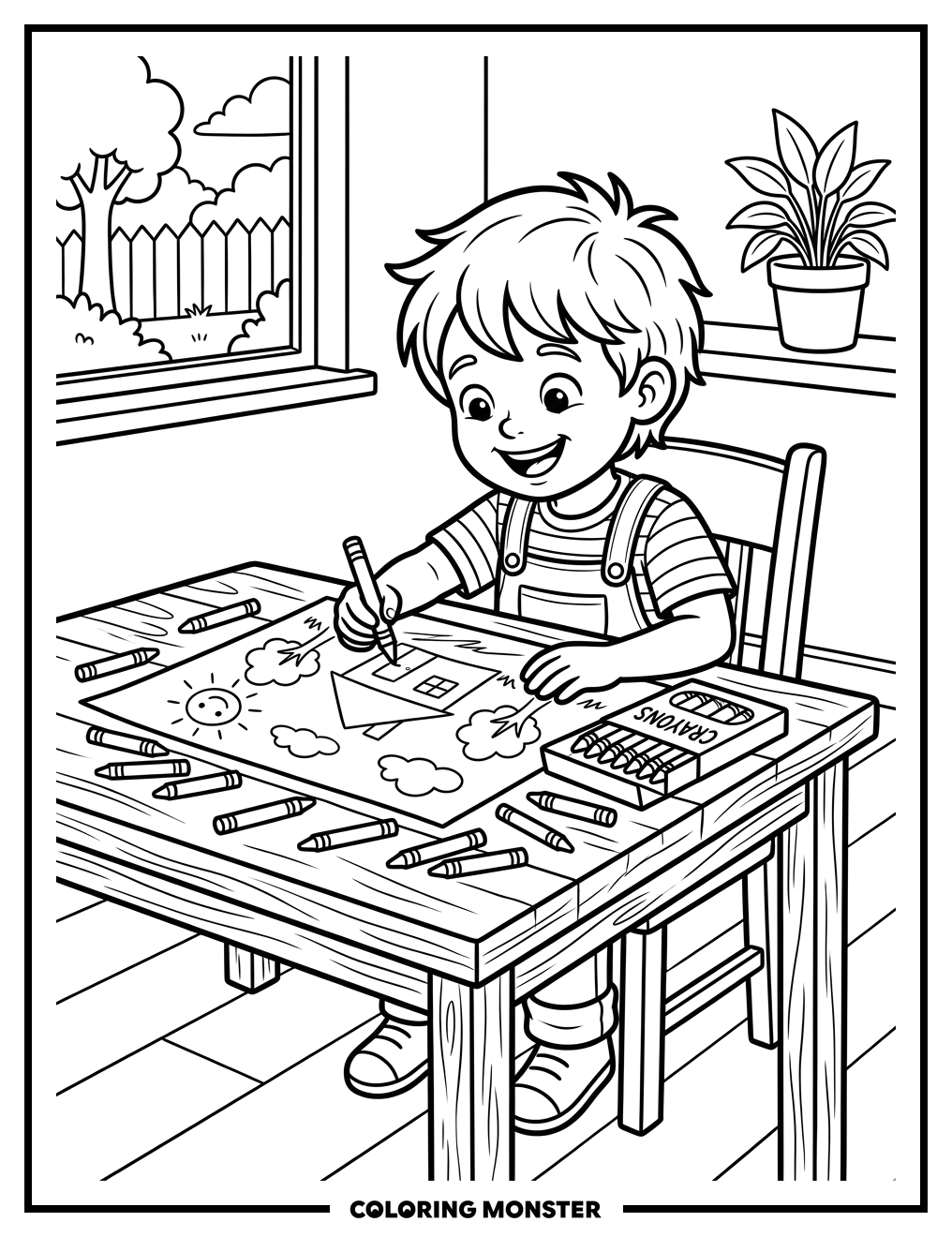 Child Drawing With Crayons Coloring Page