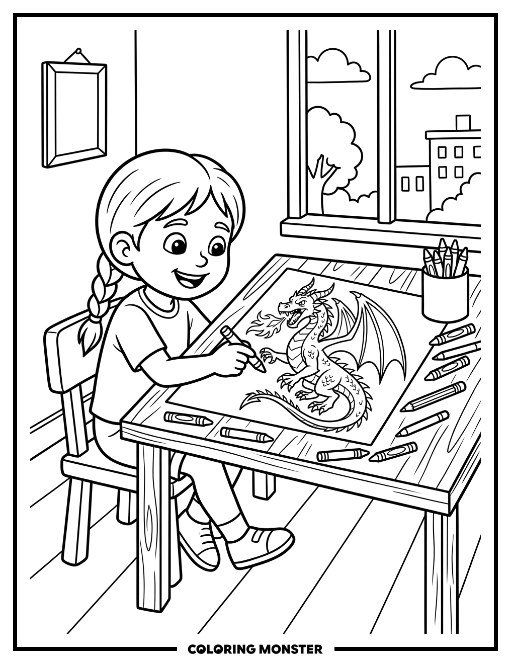 Child Draws a Fierce Dragon Coloring Page