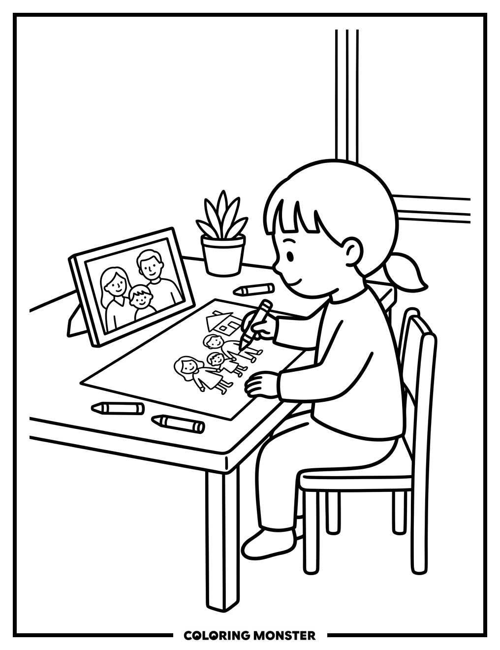 Child Draws Family Photo Coloring Page