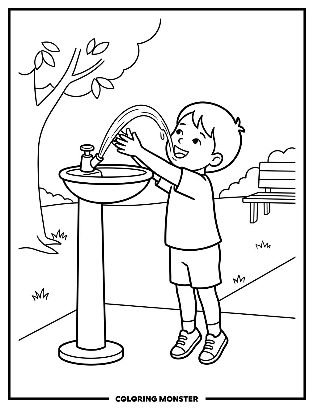 Child Drinking From Park Fountain Coloring Page