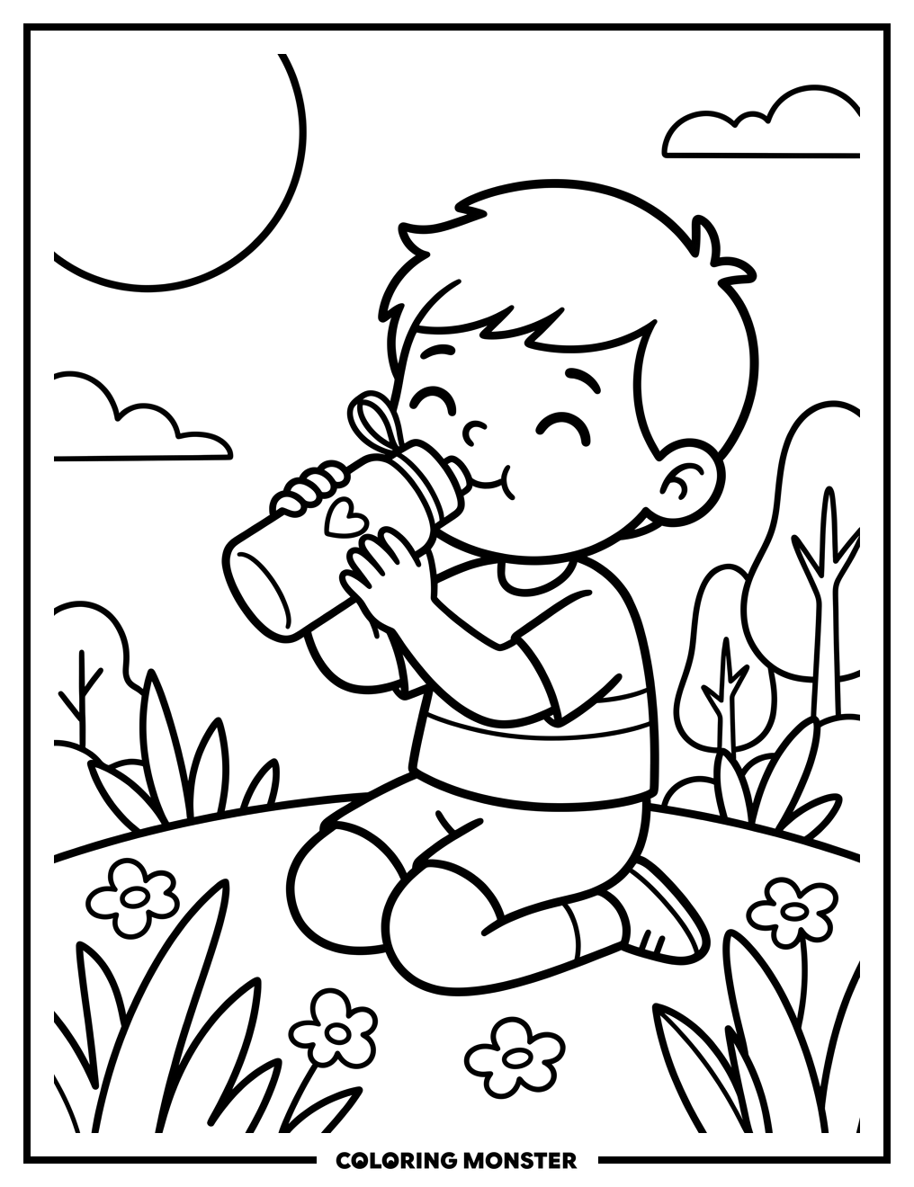 Child Drinks From Reusable Water Bottle Coloring Page