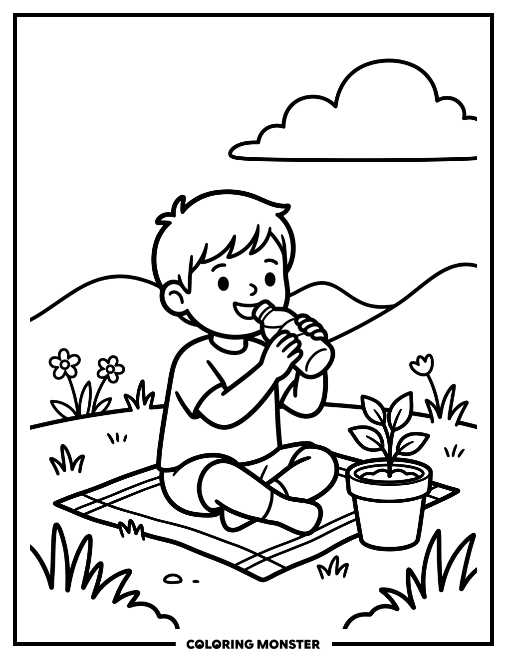 Child Drinks Water Outdoors Coloring Page