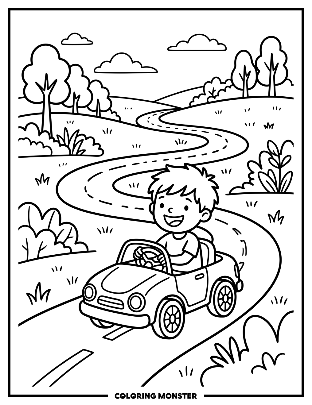 Child Drives Toy Car on Winding Road Coloring Page