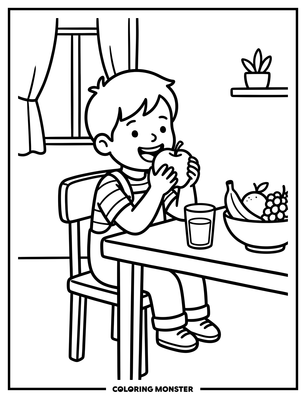 Child Eating An Apple At Table Coloring Page