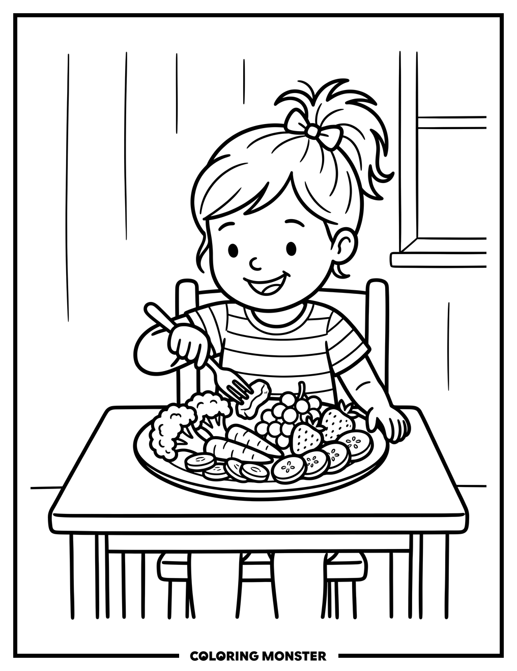 Child Eating Healthy Food Coloring Page