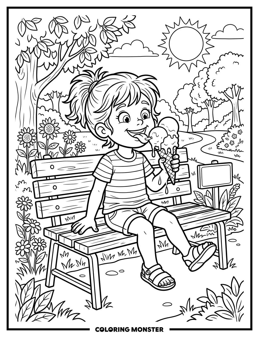 Child Eating Ice Cream On A Park Bench Coloring Page
