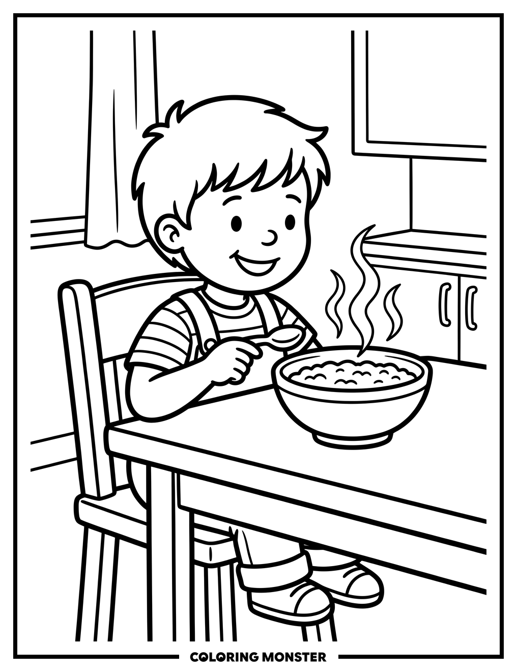 Child Eating Porridge at Kitchen Table Coloring Page