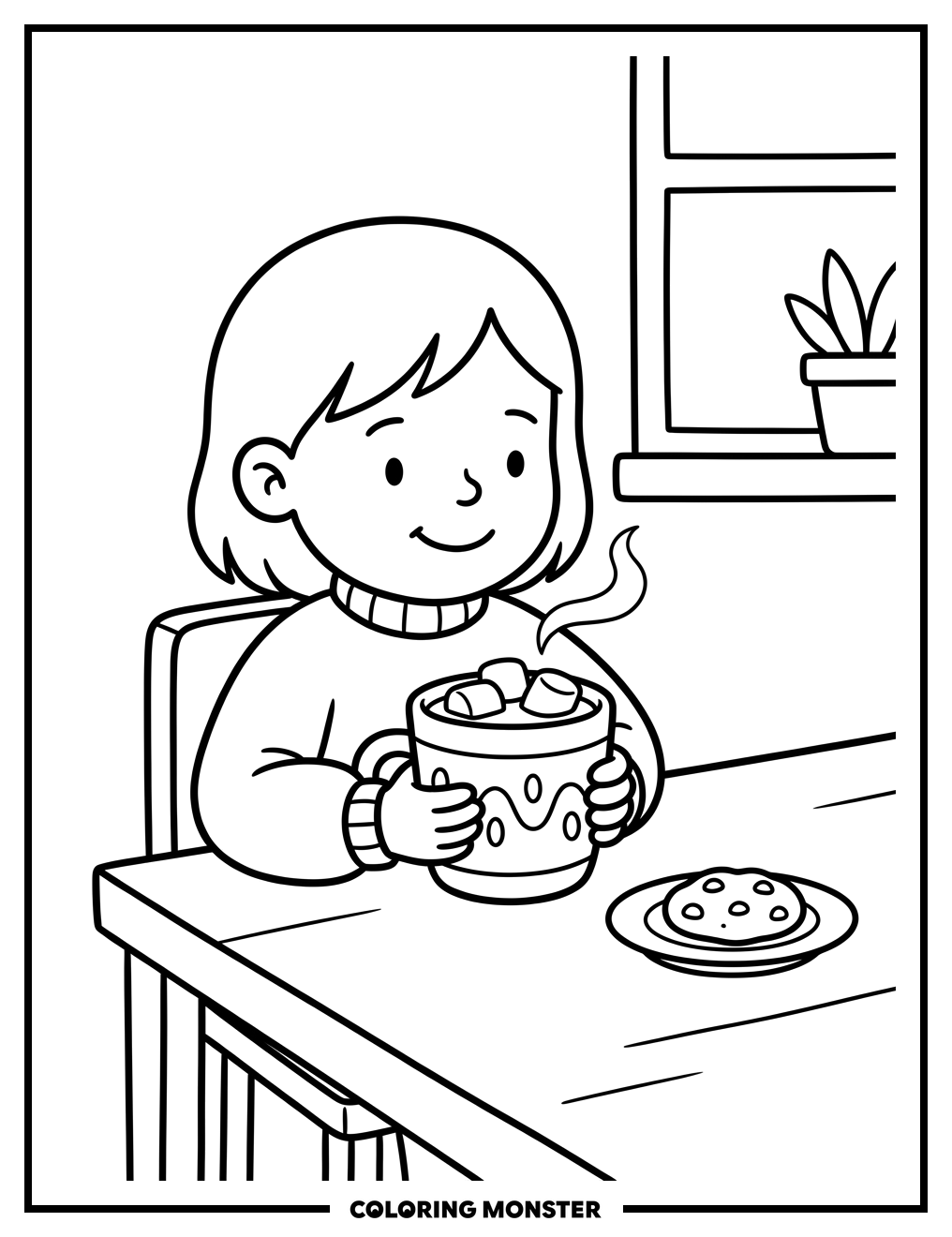 Child Enjoying Hot Cocoa With Marshmallows Coloring Page