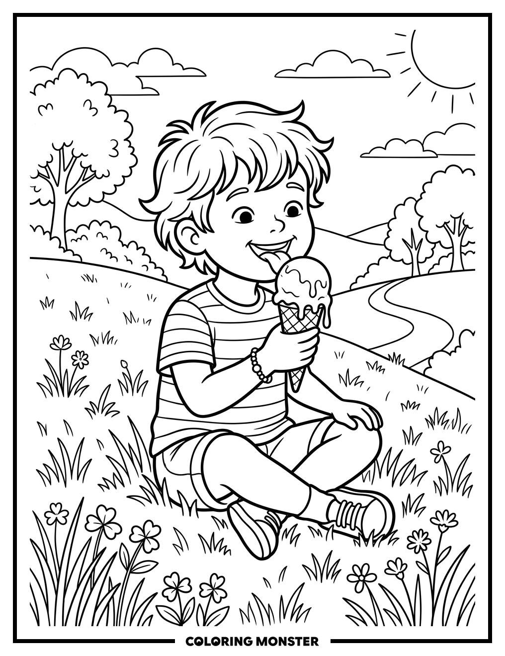Child Enjoys Ice Cream Cone Coloring Page