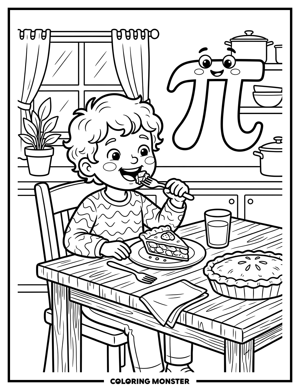 Child Enjoys Pie Slice Coloring Page