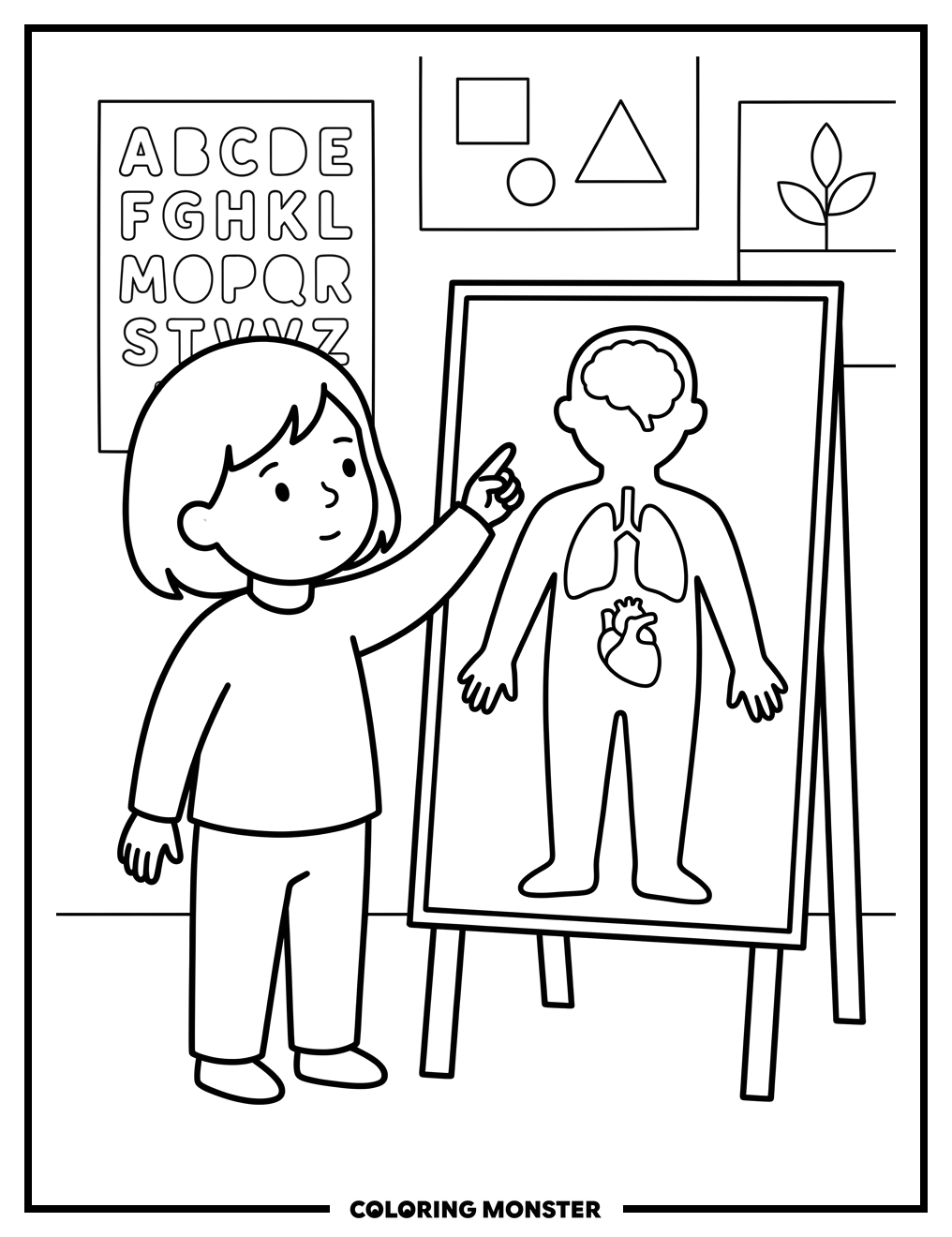 Child Examines Human Body Diagram Coloring Page
