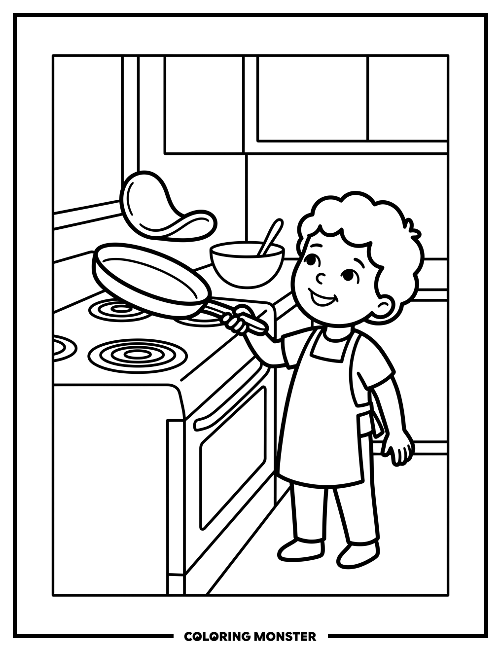 Child Flipping Pancakes Coloring Page